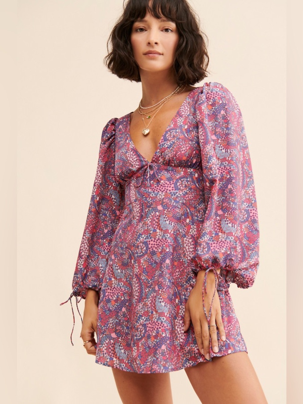 For Love & Lemons Paisley Floral Mini Dress in Pink and Blue